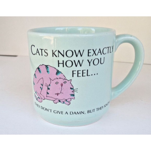 AGC Cat Humor Coffee Cup Soft Green Pink Cartoon Cat with Stripes - Picture 1 of 6